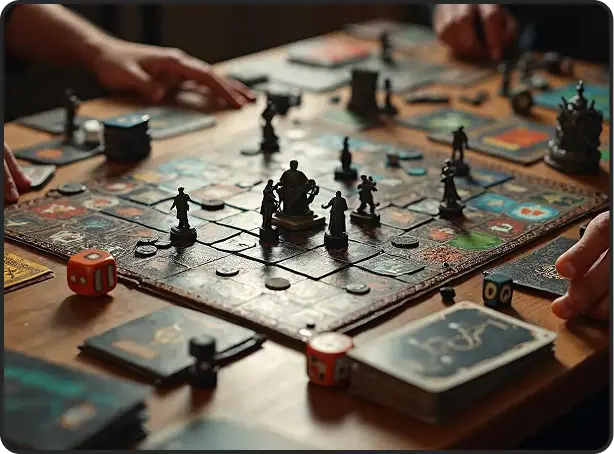 Op een houten tafel wordt een gedetailleerd bordspel gespeeld, met miniatuurfiguurtjes, dobbelstenen en kaarten. De handen van de twee spelers wijzen erop dat ze volop bezig zijn.